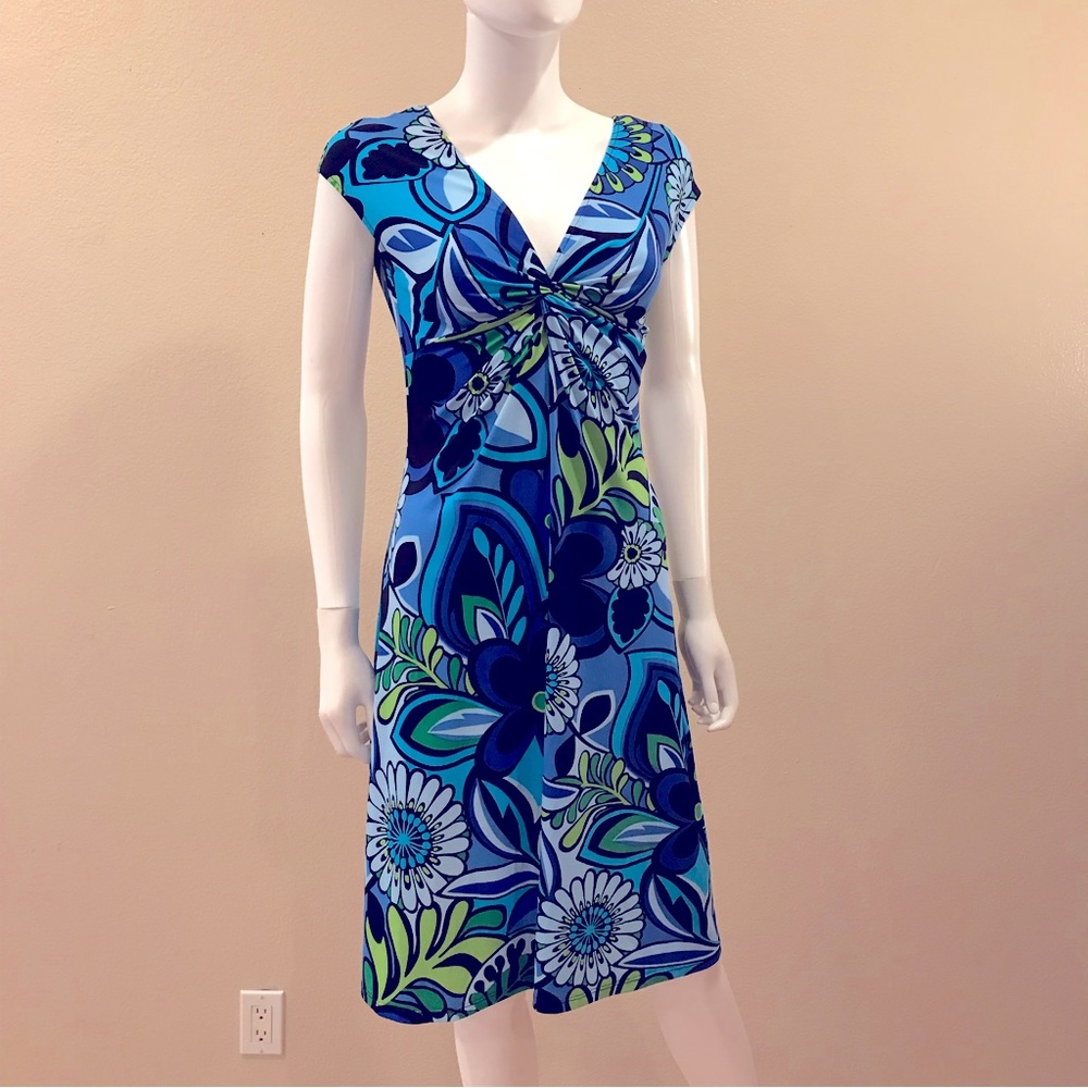 Lizzatti Retro Short Sleeve Dress Size Small 4 6 Blue Green Mid Length Stretch